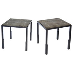 Shagreen Side Table Pair Modern Geometric Stark Thick Handmade Blackened Steel