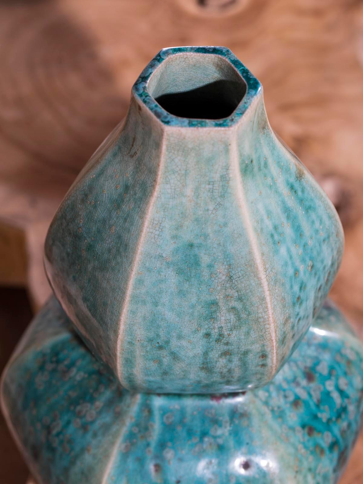 Chinese Export Pair of Modern Handmade Chinese Glazed Double Gourd Vases
