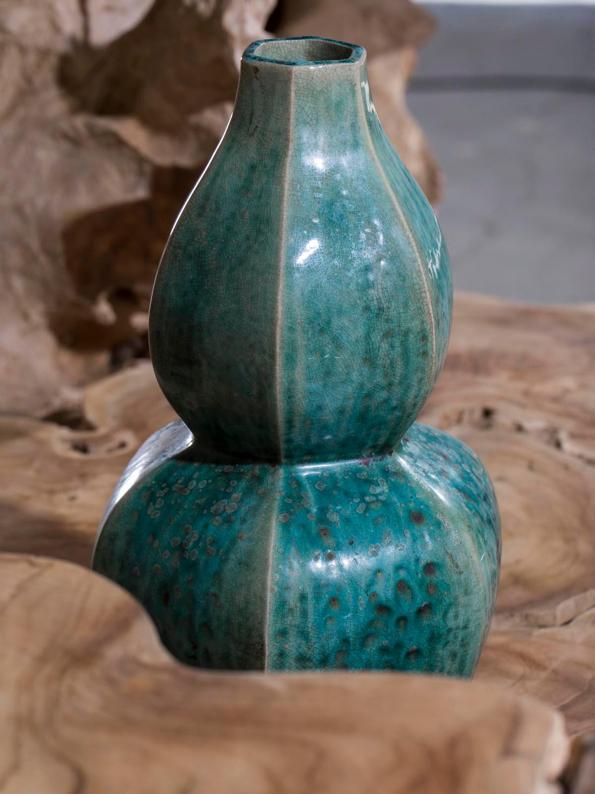 Contemporary Pair of Modern Handmade Chinese Glazed Double Gourd Vases
