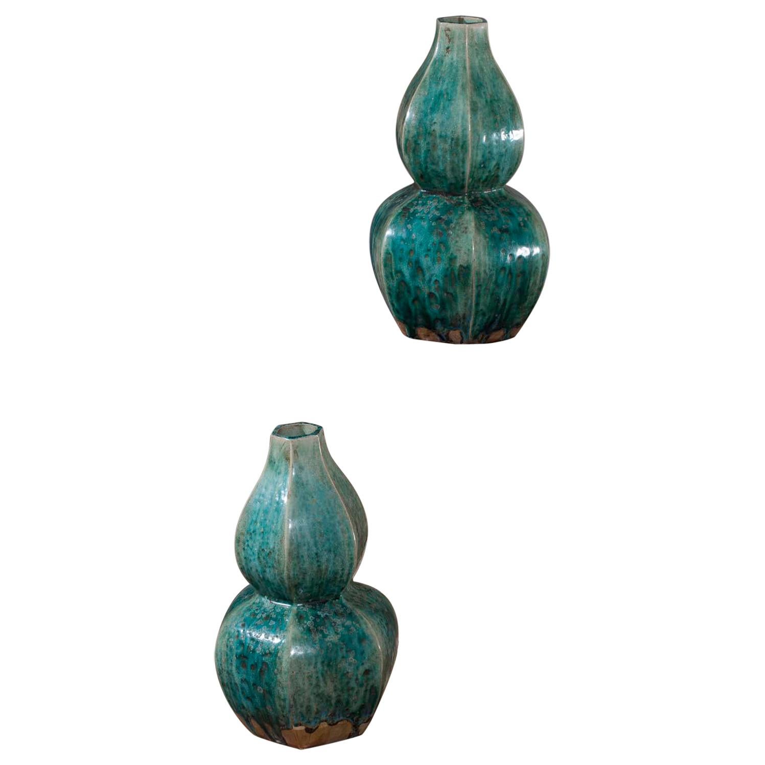 Pair of Modern Handmade Chinese Glazed Double Gourd Vases