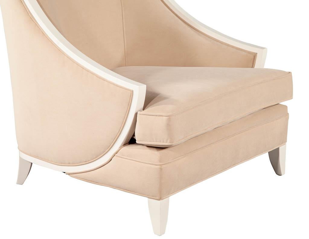 Pair of Modern High Back Lounge Chairs with Designer Cream Velvet For Sale 1