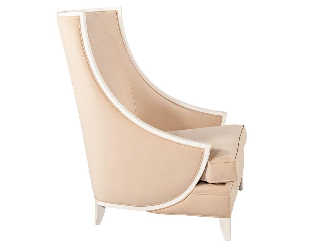 Pair of Modern High Back Lounge Chairs with Designer Cream Velvet For Sale 2