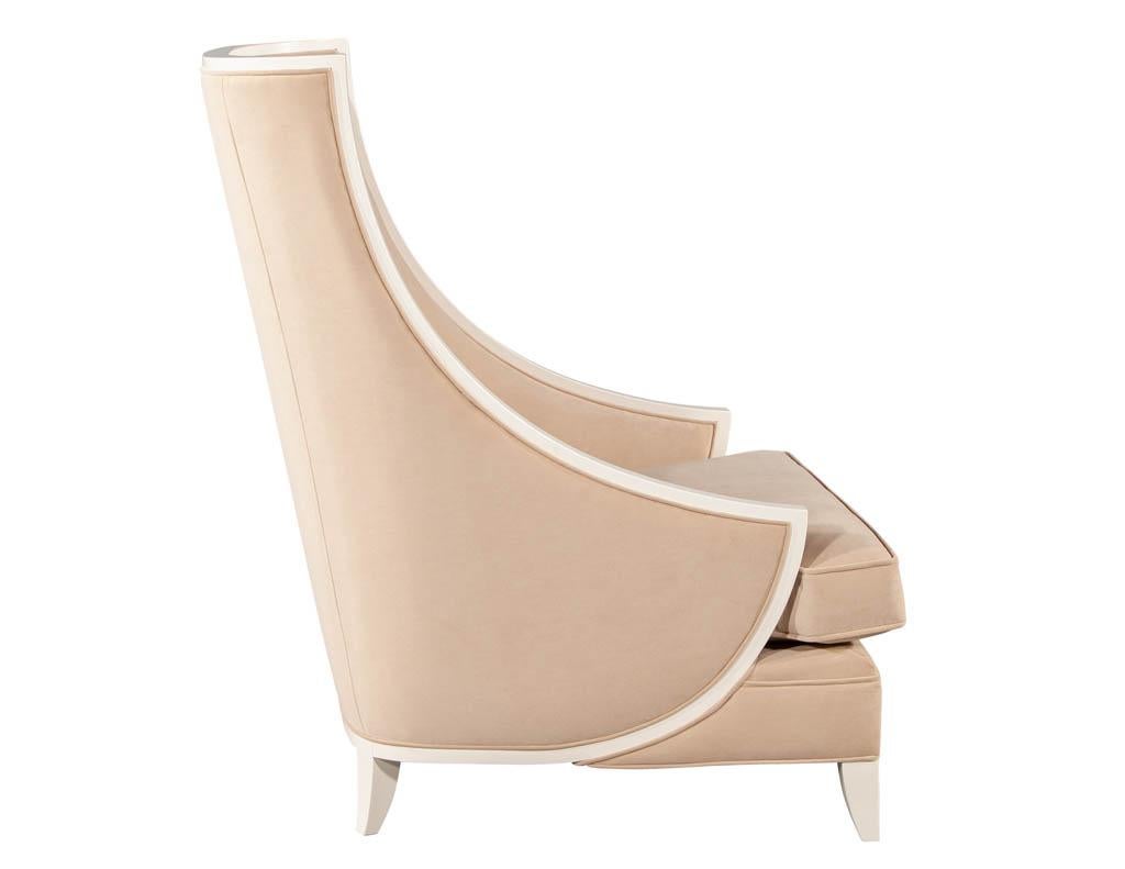 Pair of Modern High Back Lounge Chairs with Designer Cream Velvet For Sale 4