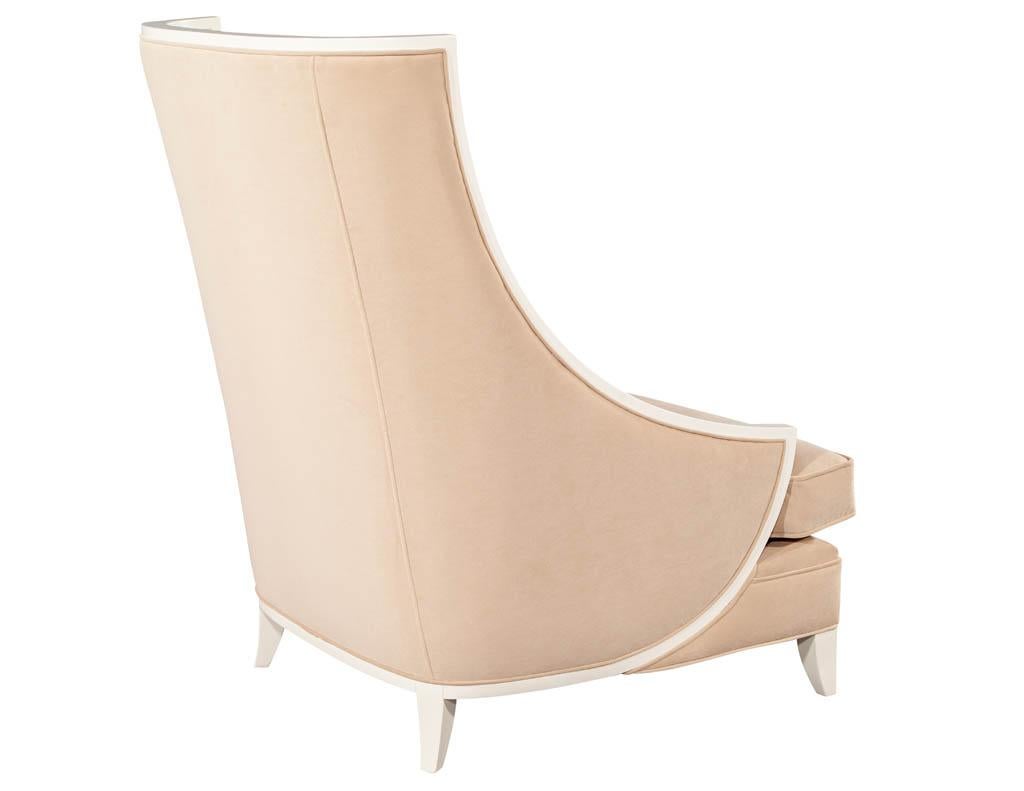Pair of Modern High Back Lounge Chairs with Designer Cream Velvet For Sale 5