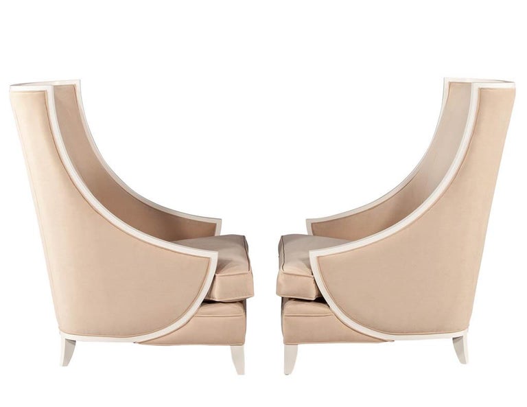 Lacquered Pair of Modern High Back Lounge Chairs with Designer Cream Velvet For Sale