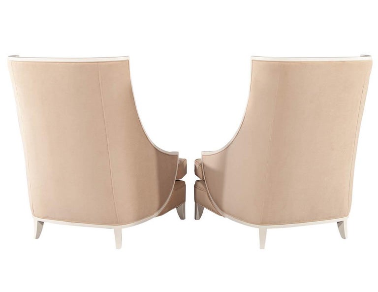 Contemporary Pair of Modern High Back Lounge Chairs with Designer Cream Velvet For Sale