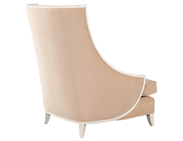 Pair of Modern High Back Lounge Chairs with Designer Cream Velvet For Sale 1