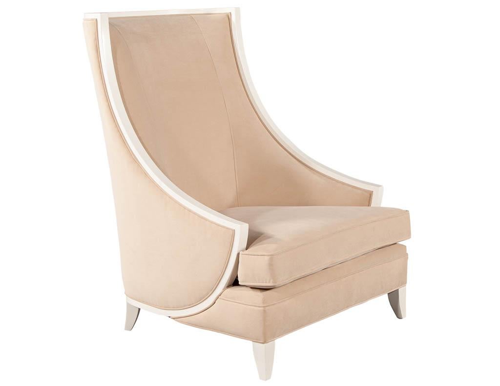 Pair of Modern High Back Lounge Chairs with Designer Cream Velvet In Excellent Condition For Sale In North York, ON