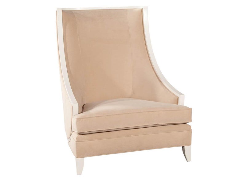 Pair of Modern High Back Lounge Chairs with Designer Cream Velvet For Sale 3
