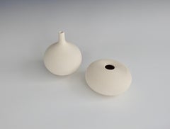 Pair of Modern Incised Lined Matte Cream White Studio Pottery Vessels