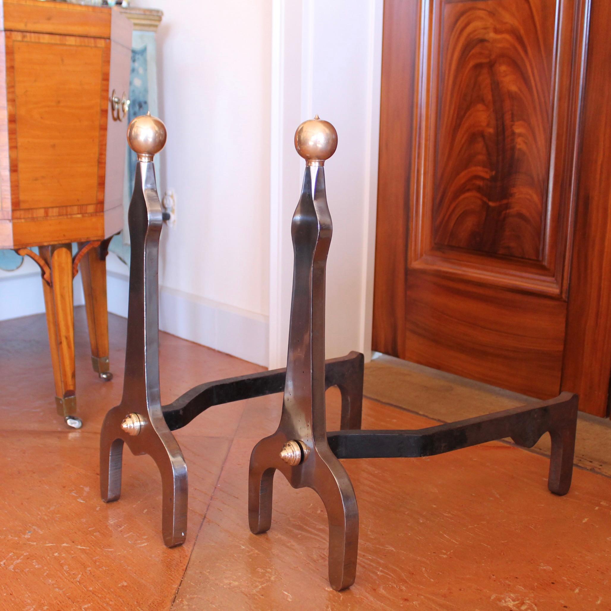 Pair of Modern Industrial Design Polished Steel and Brass Andirons For Sale 4