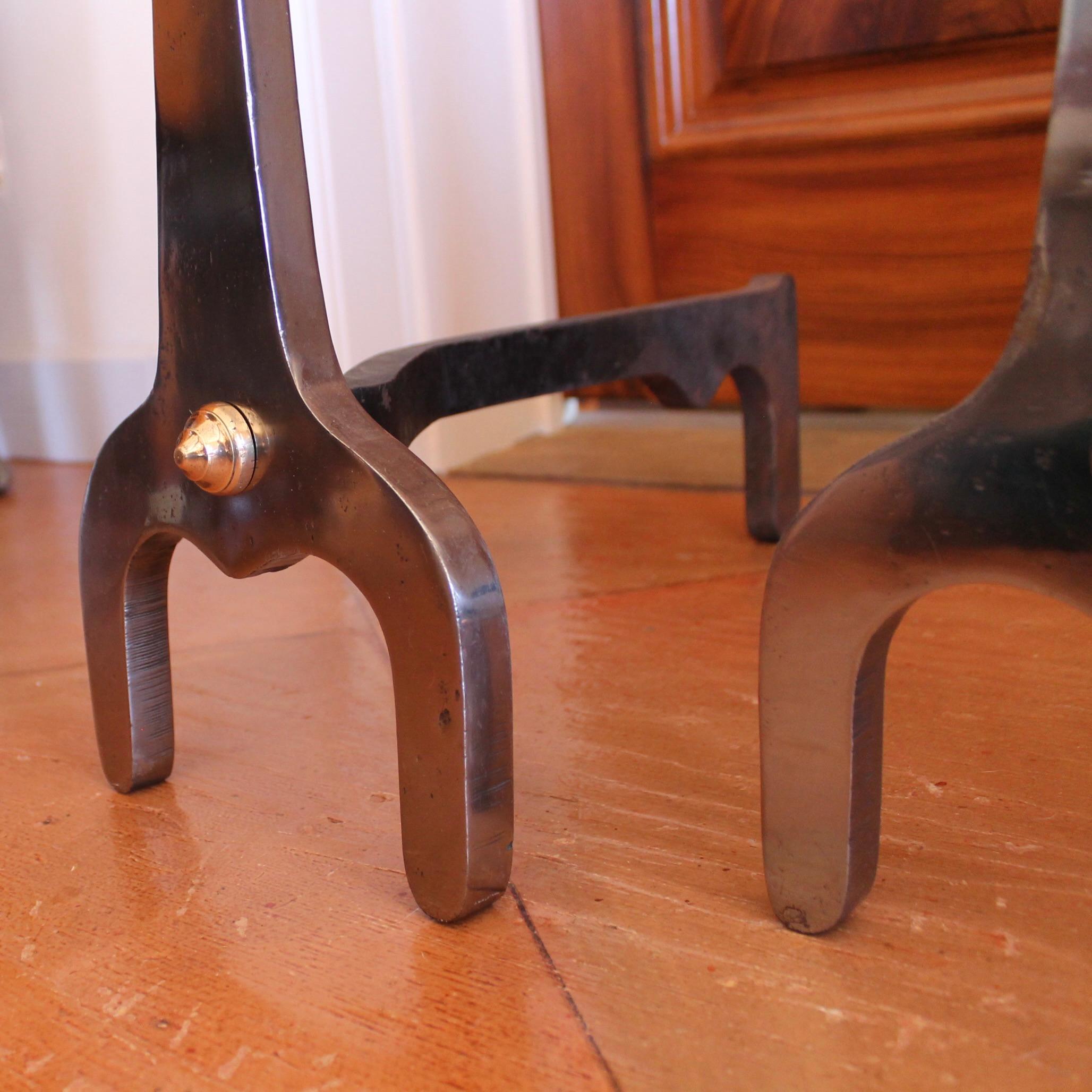 Pair of Modern Industrial Design Polished Steel and Brass Andirons For Sale 5