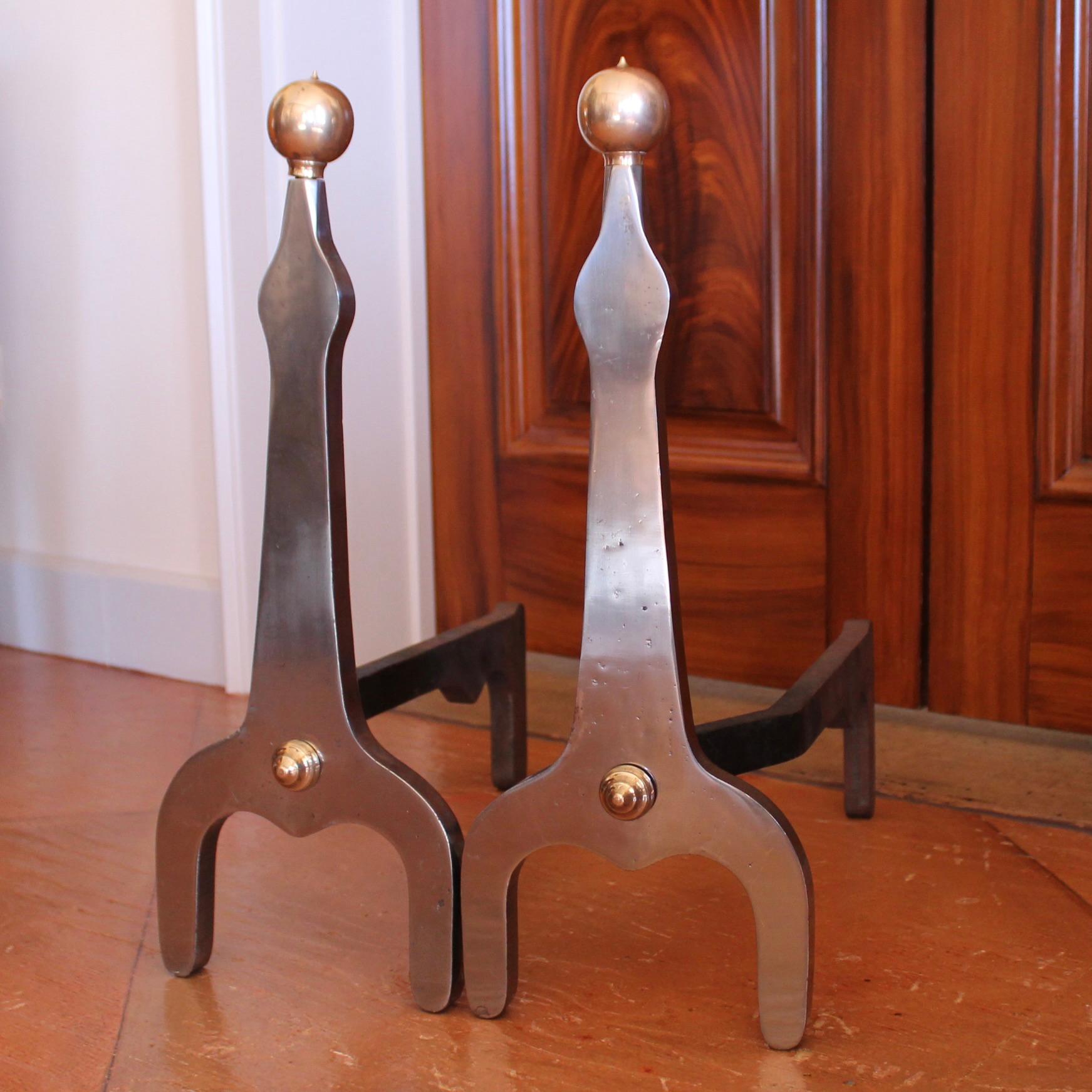 Pair of Modern Industrial Design Polished Steel and Brass Andirons For Sale 7