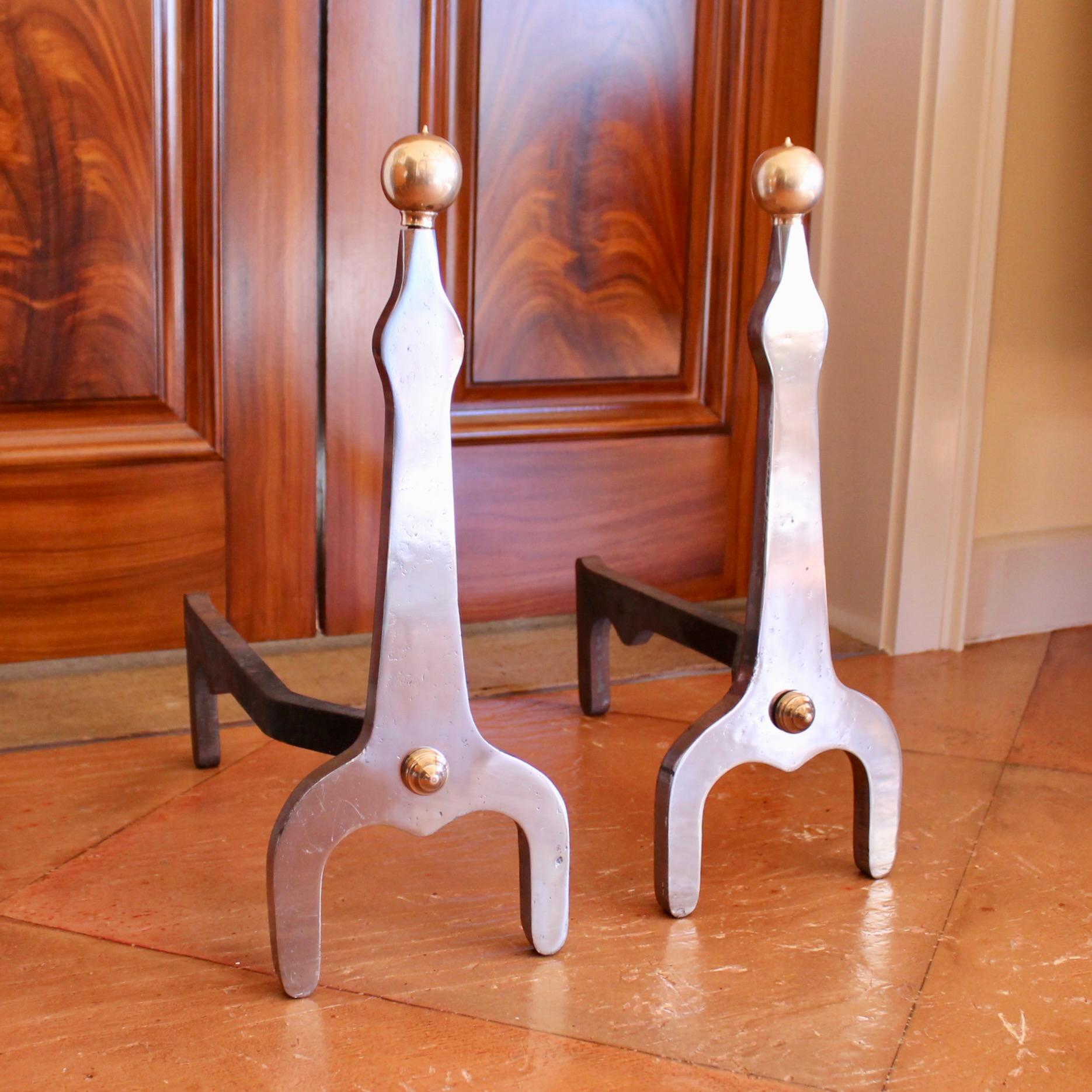 Pair of Modern Industrial Design Polished Steel and Brass Andirons For Sale 8