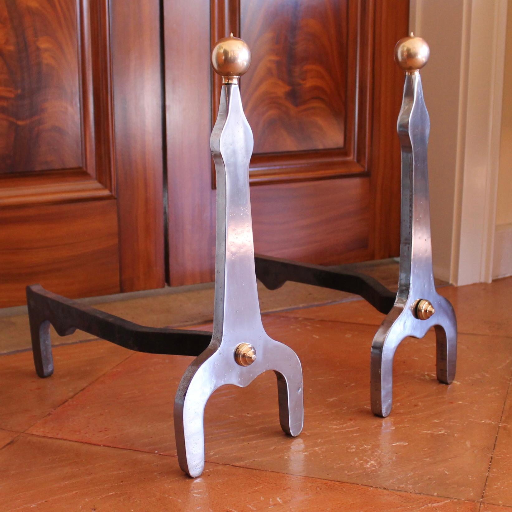 American Pair of Modern Industrial Design Polished Steel and Brass Andirons For Sale