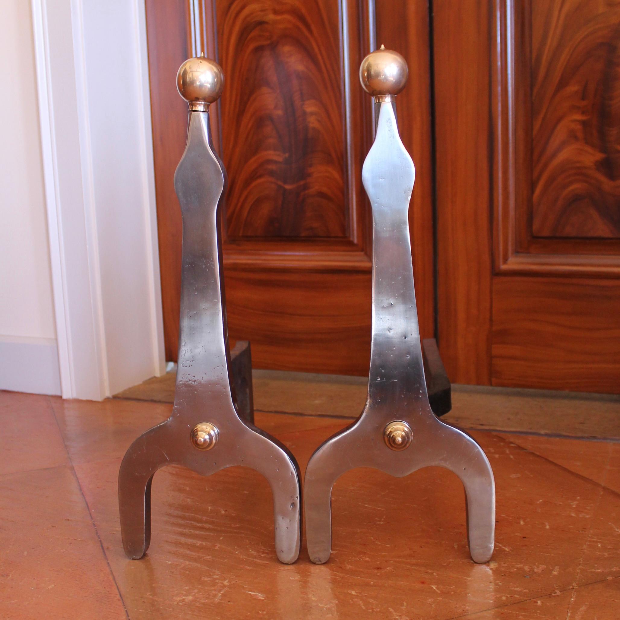 Forged Pair of Modern Industrial Design Polished Steel and Brass Andirons For Sale