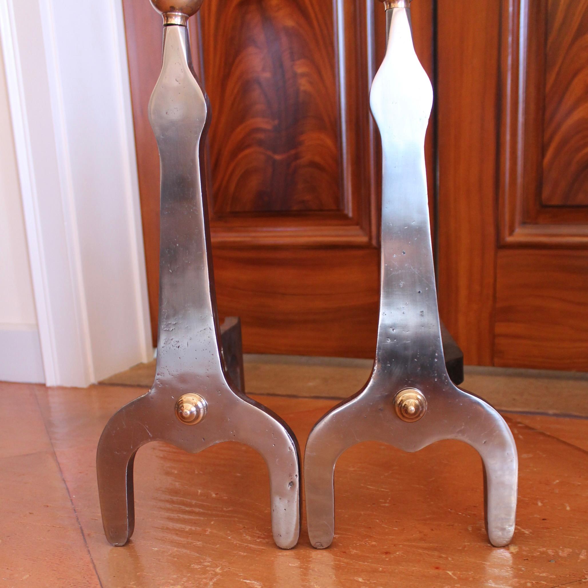 Pair of Modern Industrial Design Polished Steel and Brass Andirons In Good Condition For Sale In Free Union, VA