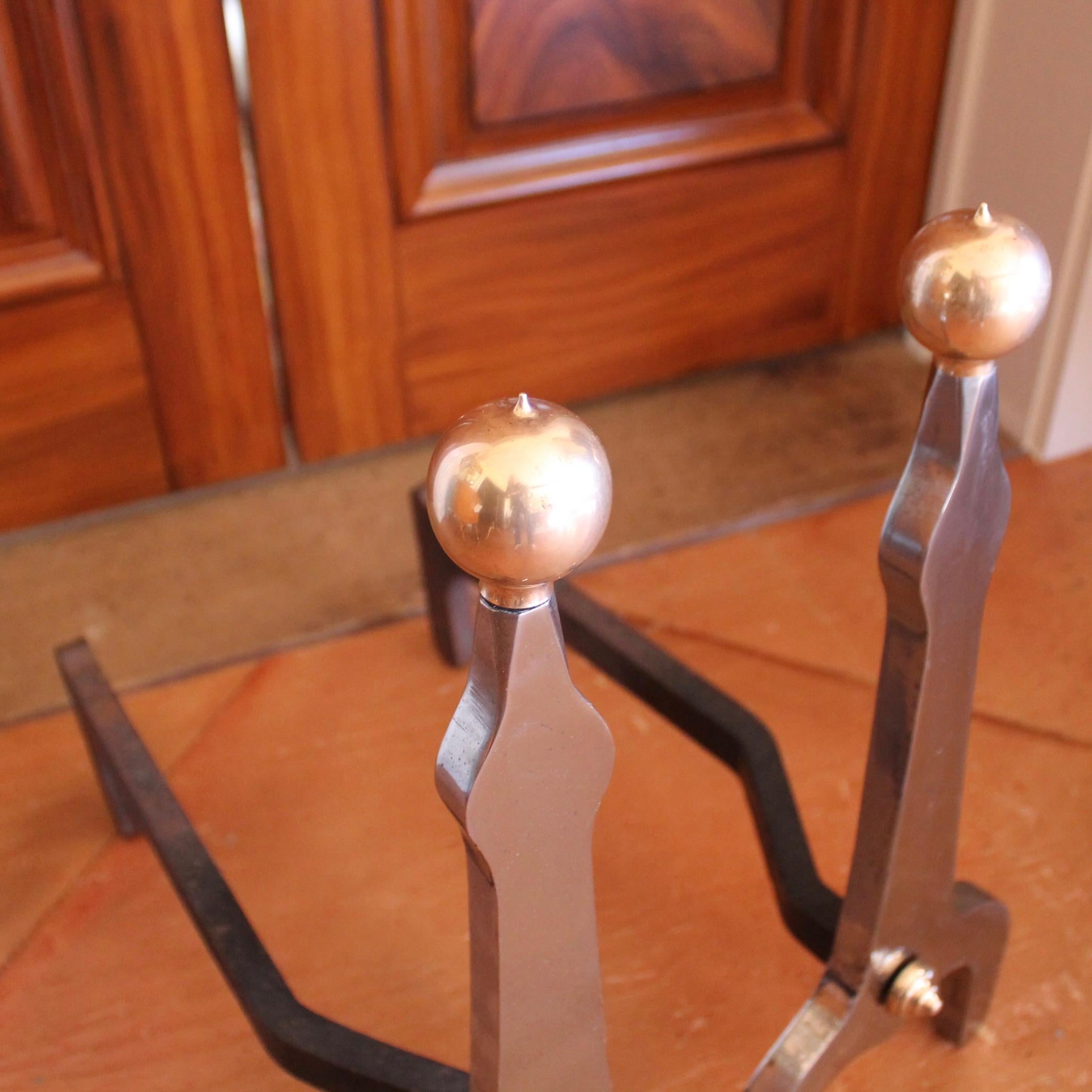 Pair of Modern Industrial Design Polished Steel and Brass Andirons For Sale 3