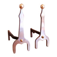 Pair of Modern Industrial Design Polished Steel and Brass Andirons