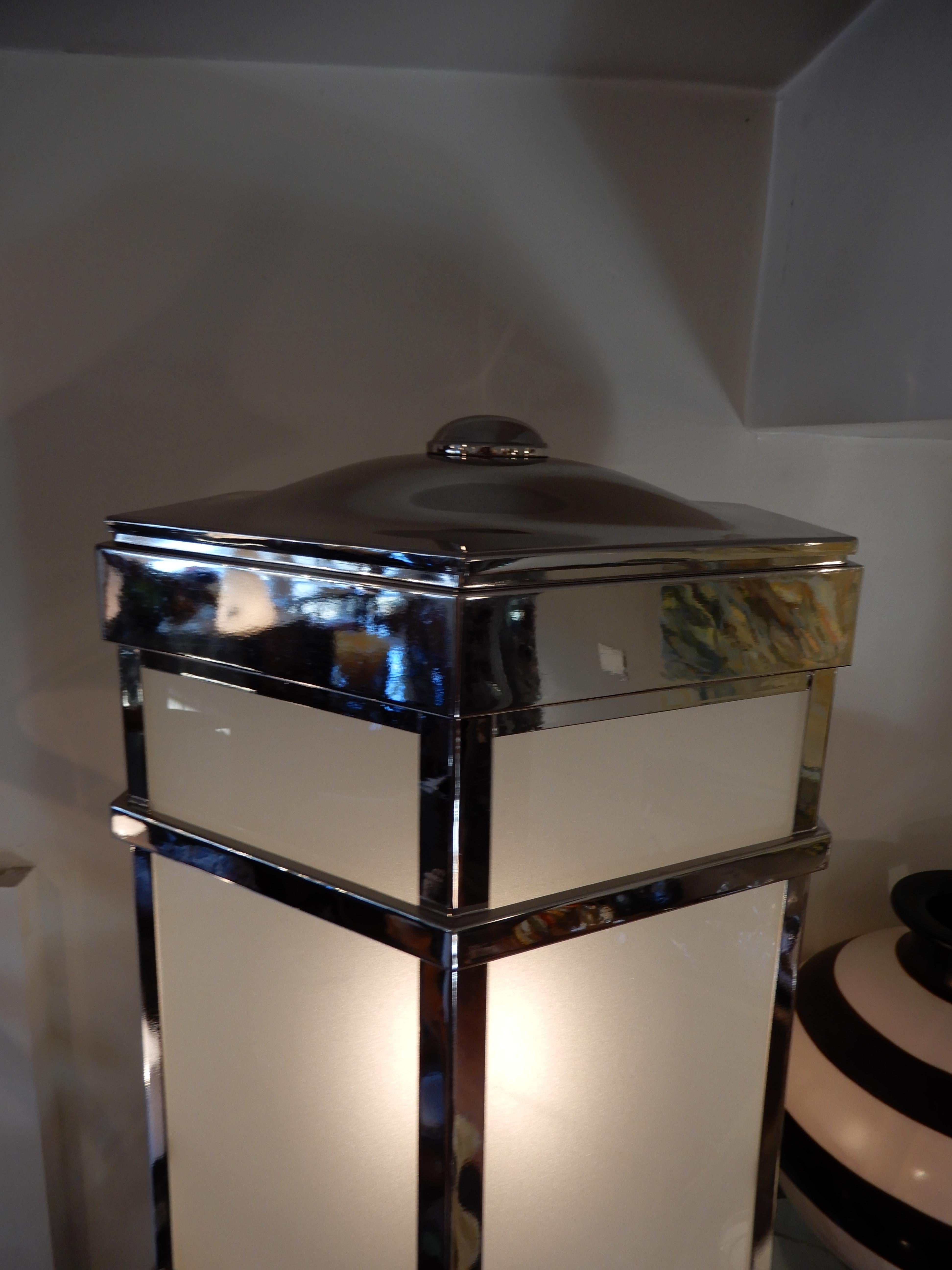 Pair of Modern Industrial Luminaire Polished Chrome Lanterns In Good Condition In Bellport, NY