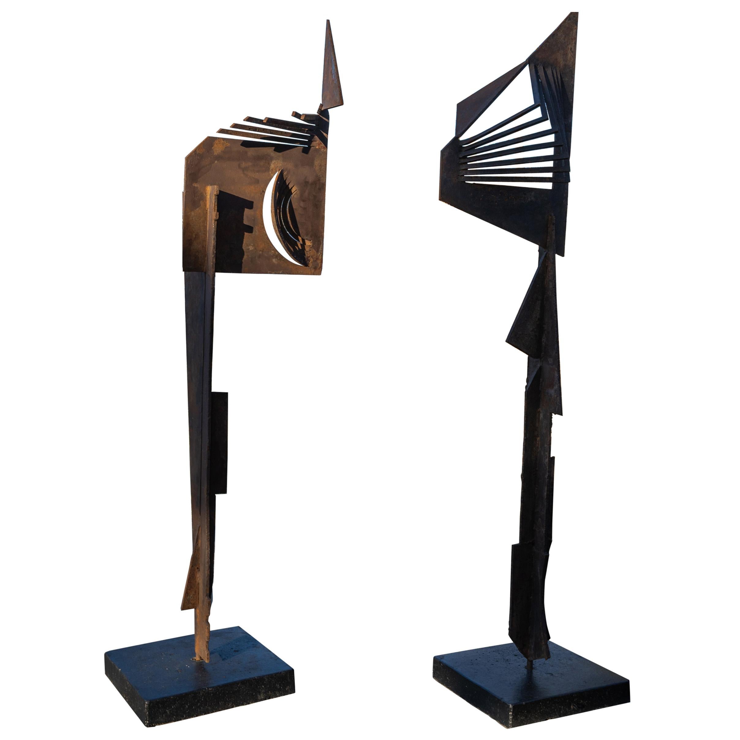 Pair of Modern Iron Sculptures in Male and Female Form For Sale