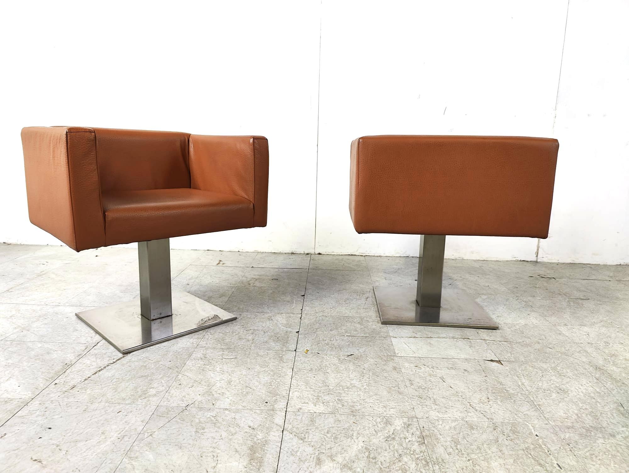 Pair of modern italian armchairs in brown leather, 1990s 3