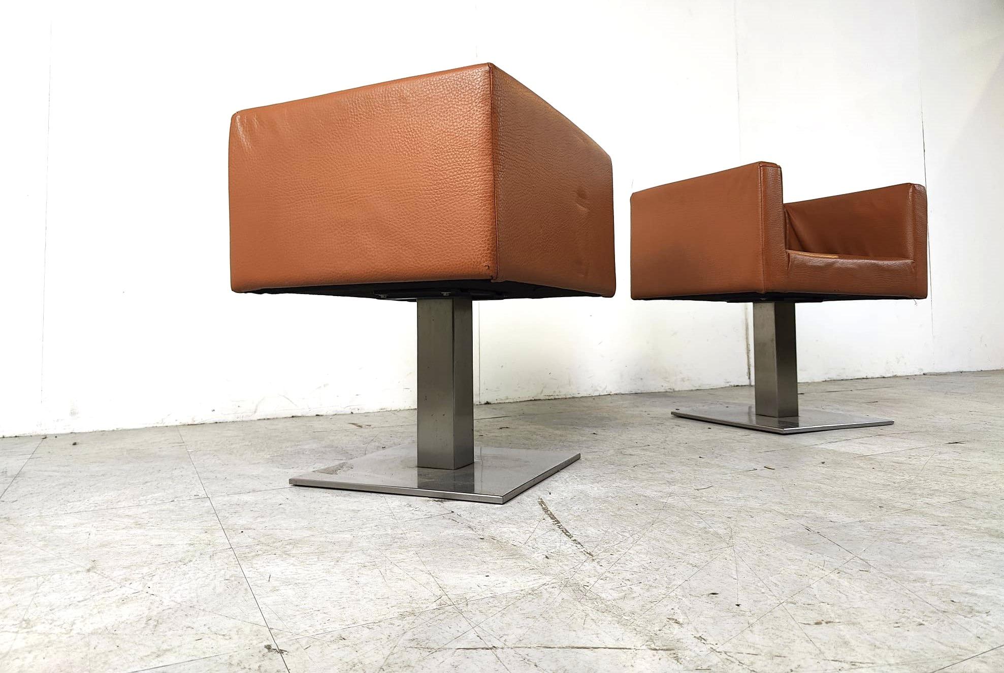 Pair of modern italian armchairs in brown leather, 1990s For Sale 1