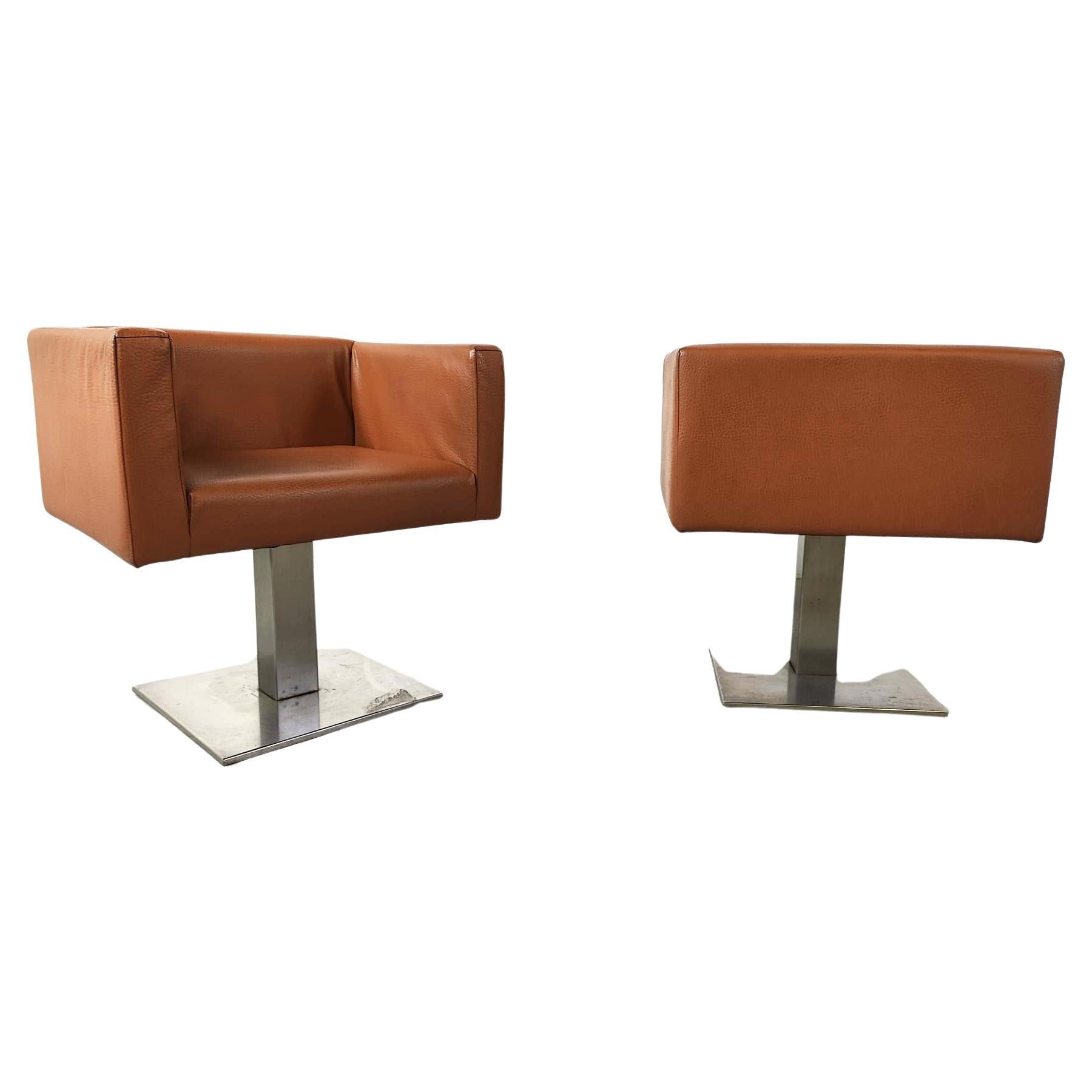 Pair of modern italian armchairs in brown leather, 1990s For Sale