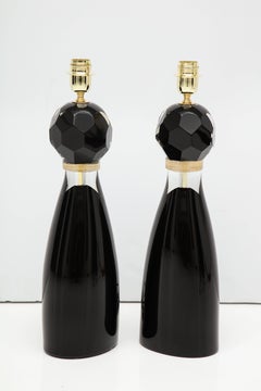 Pair of Handblown Modern Black and Gold Murano Glass Lamps, Italy, Signed