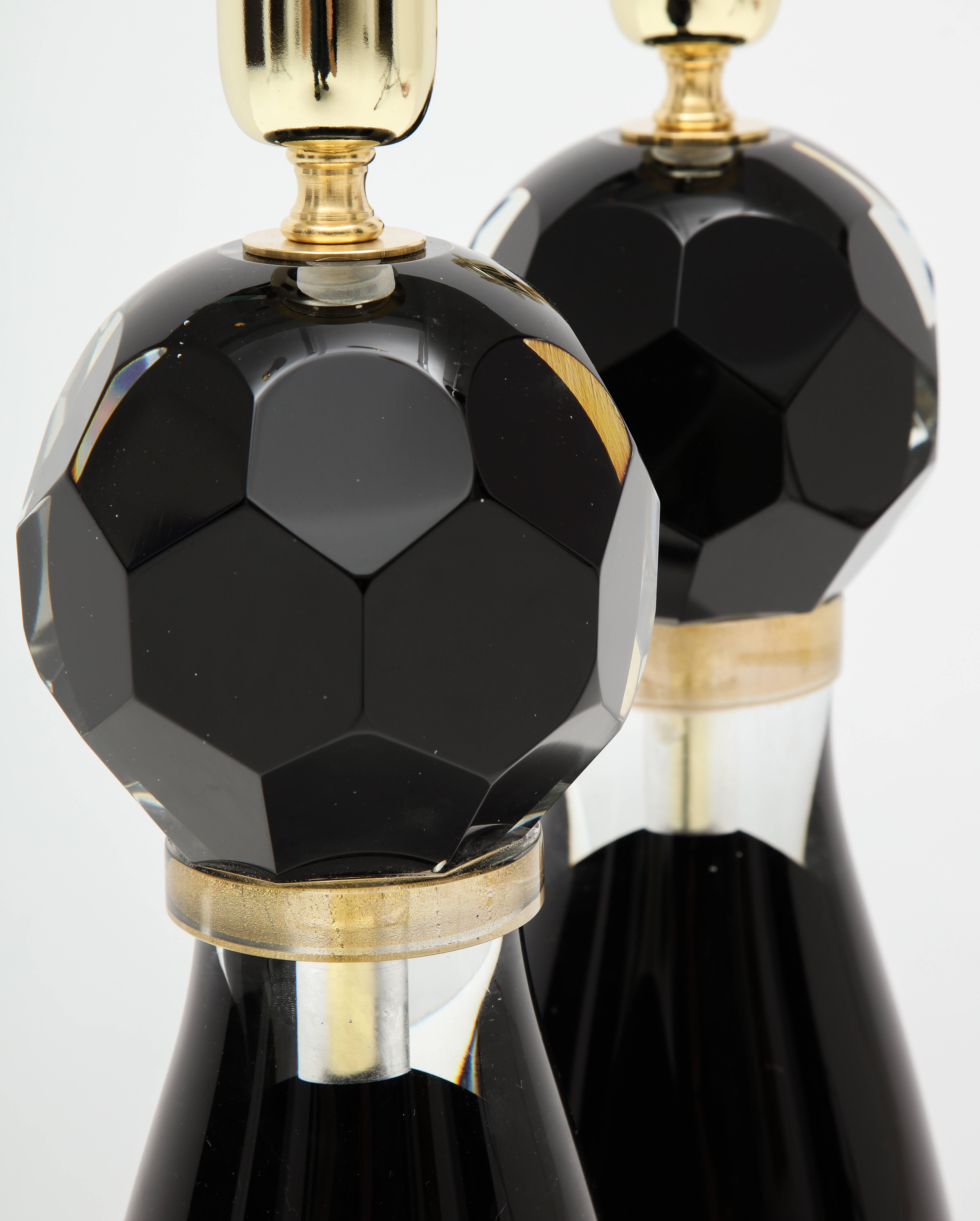 Italian Pair of Handblown Modern Black and Gold Murano Glass Lamps, Italy, Signed For Sale