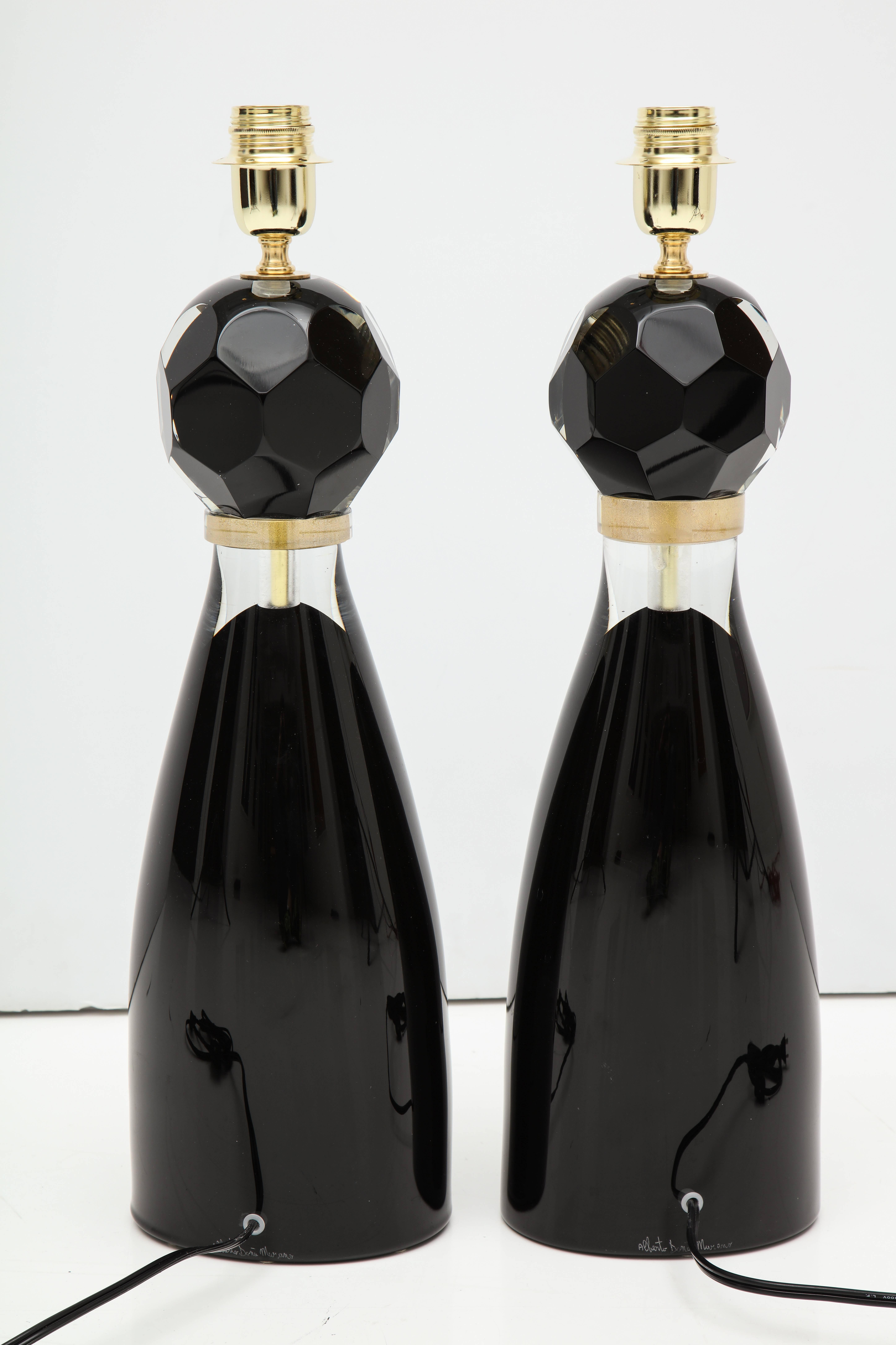Pair of Handblown Modern Black and Gold Murano Glass Lamps, Italy, Signed For Sale 1