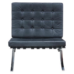 Pair of Modern Italian Black Leather and Chrome Barcelona Style Lounge Chairs