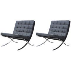 Vintage Pair of Modern Italian Black Leather and Chrome Barcelona Style Lounge Chairs