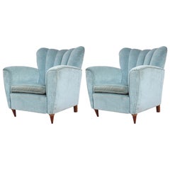 Pair of Modern Italian Blue Velvet and Walnut Channel Back Lounge Chairs