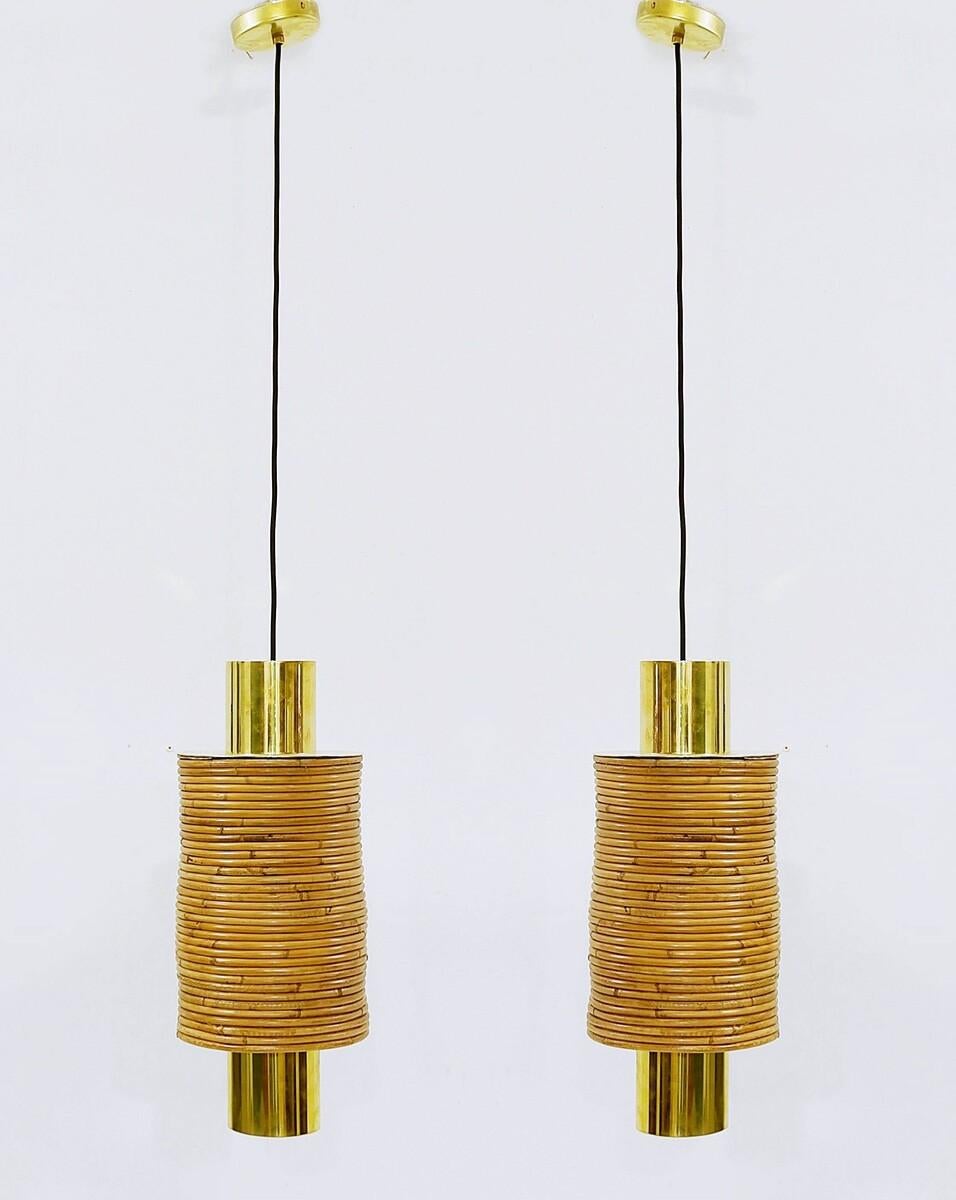 Pair of modern Italian brass and bamboo pendants.
 