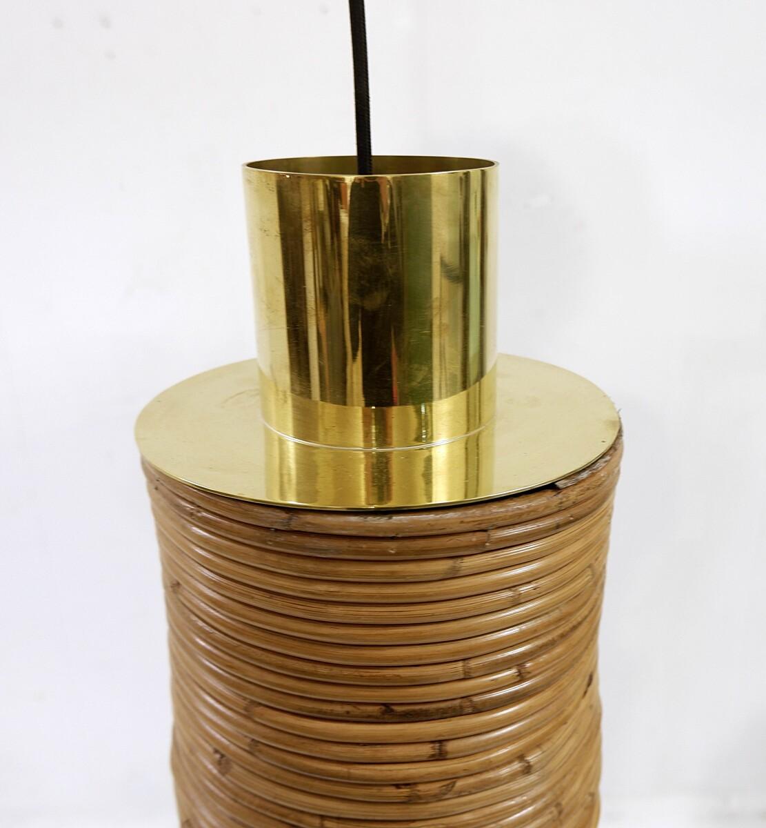 Contemporary Pair of Modern Italian Brass and Bamboo Pendants For Sale