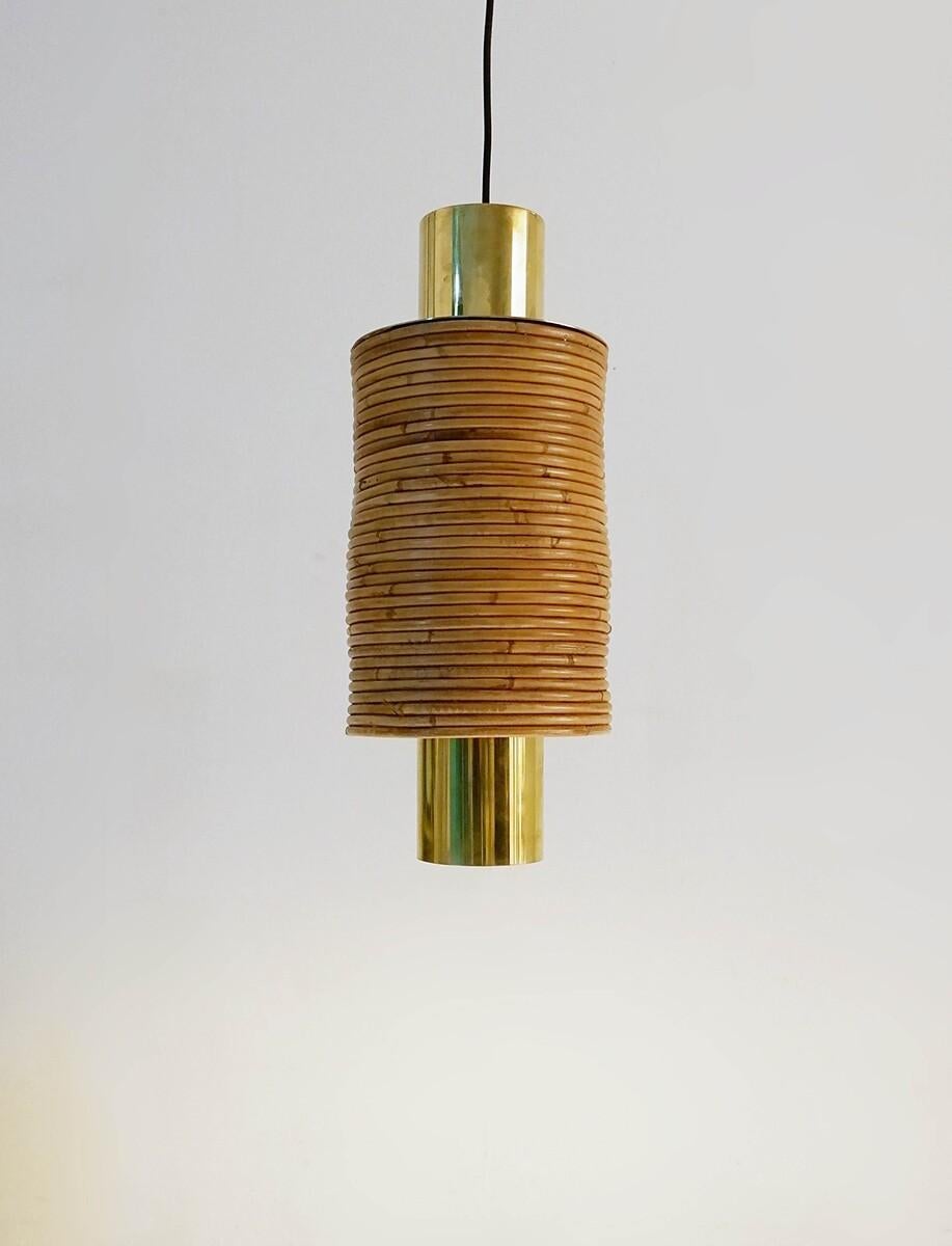 Paire de lampes à suspension italiennes modernes en laiton et bambou en vente 2