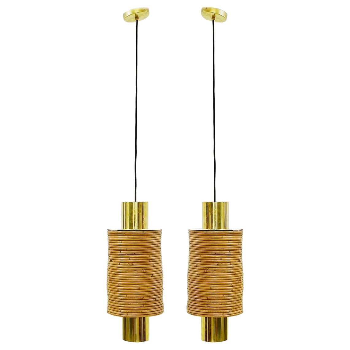 Paire de lampes à suspension italiennes modernes en laiton et bambou en vente