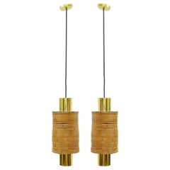Pair of Modern Italian Brass and Bamboo Pendants