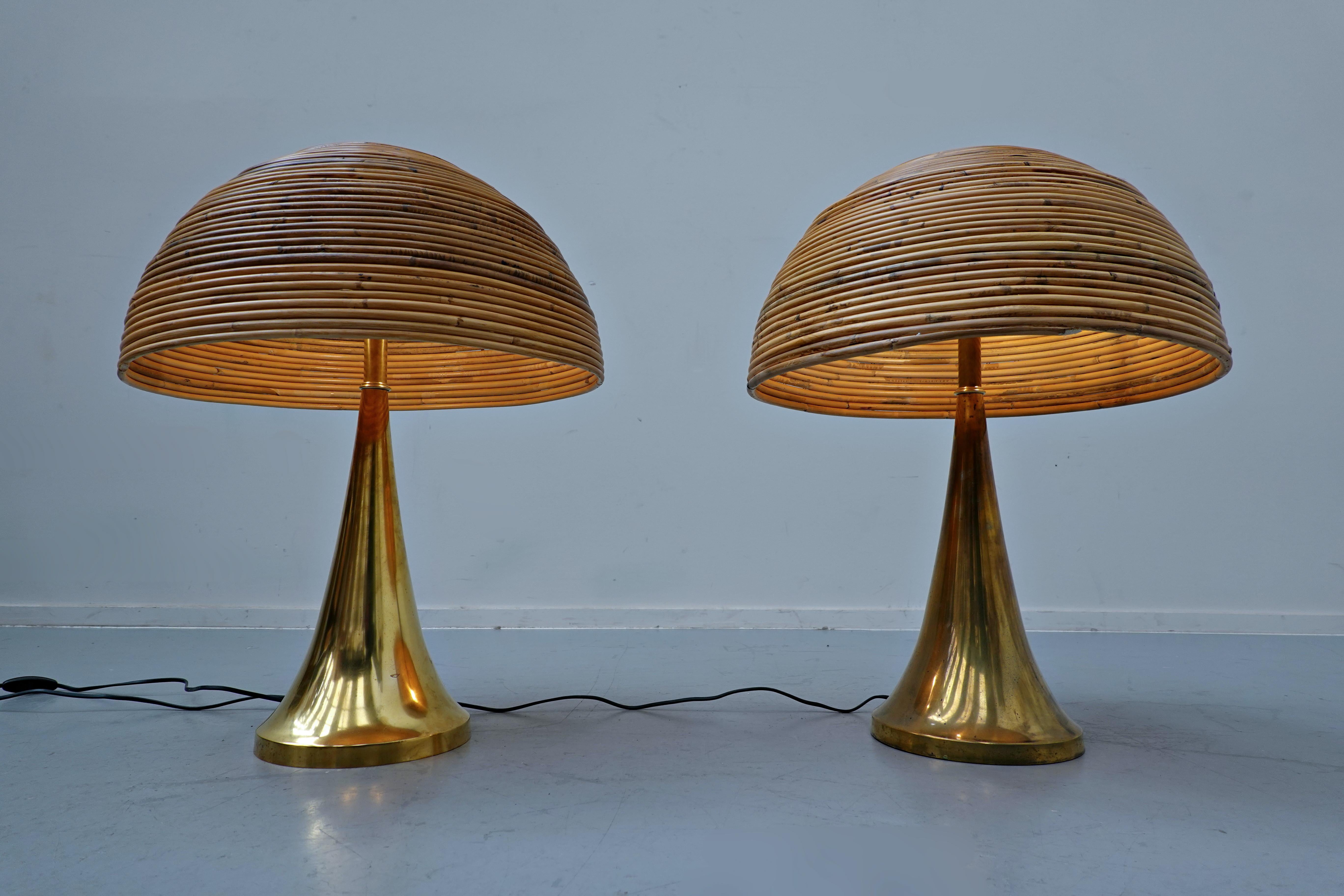 Pair of modern italian brass and bamboo table lamp.