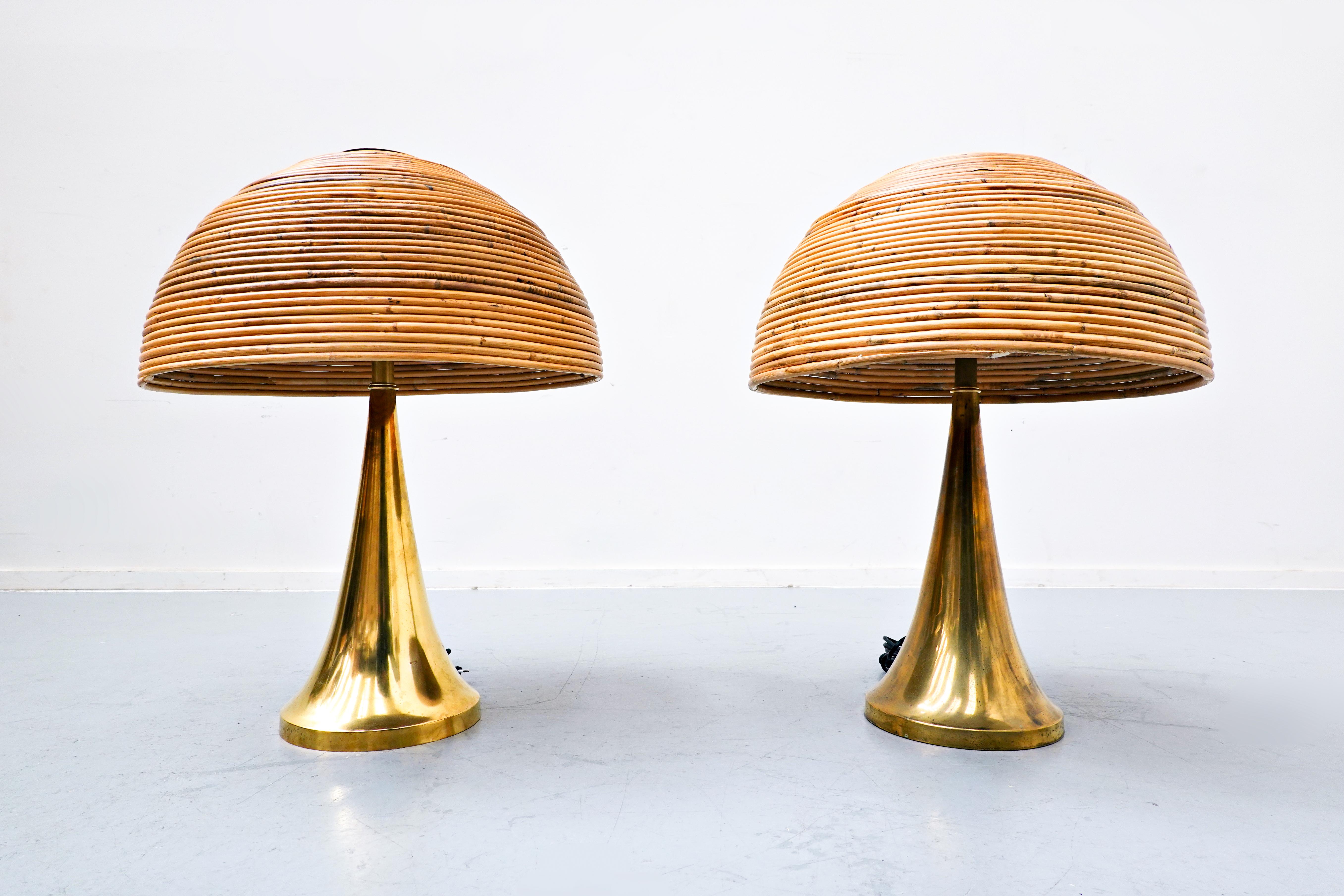 Pair of Modern Italian Brass and Bamboo Table Lamp In Good Condition For Sale In Brussels, BE