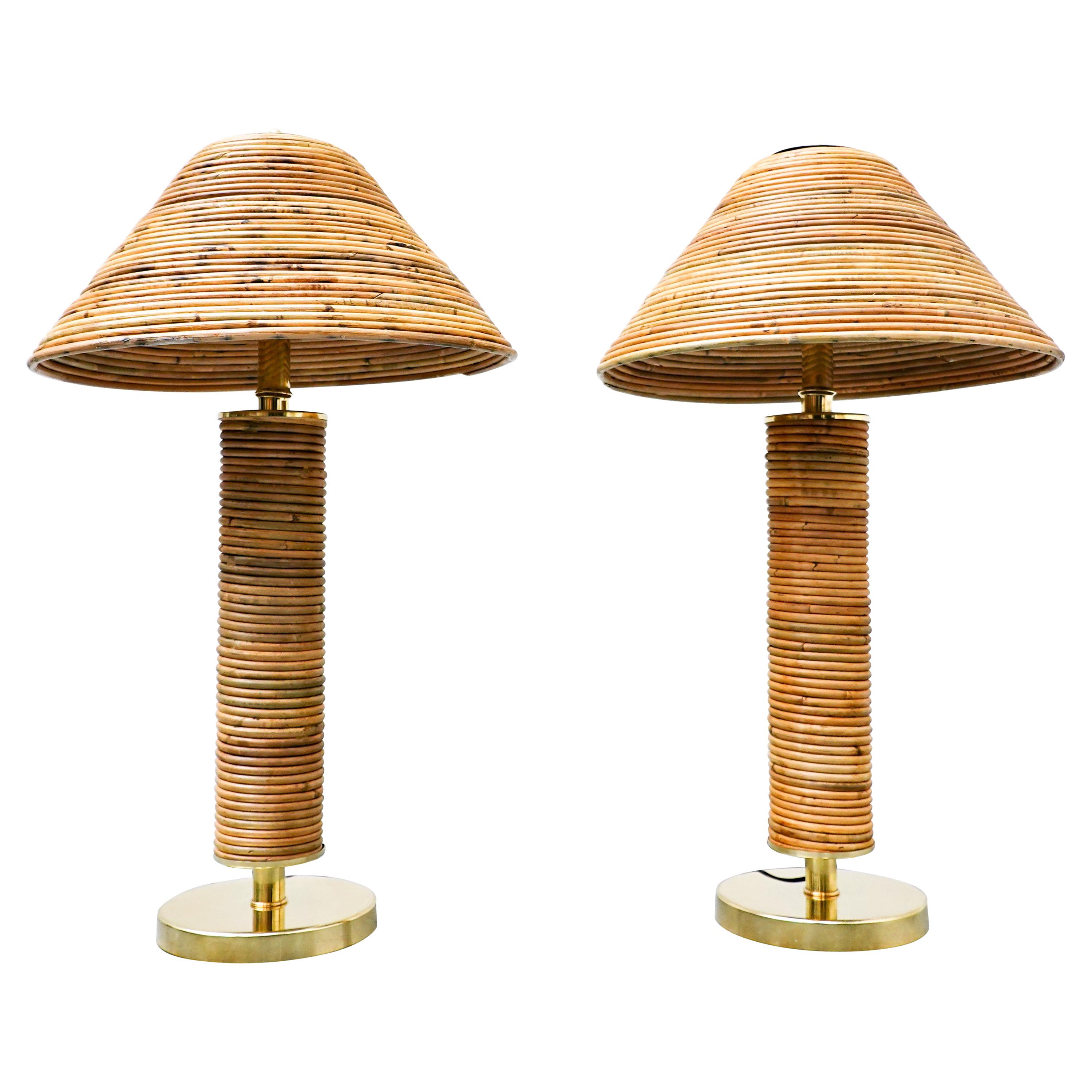 Paire de lampes de bureau italiennes modernes en laiton et bambou