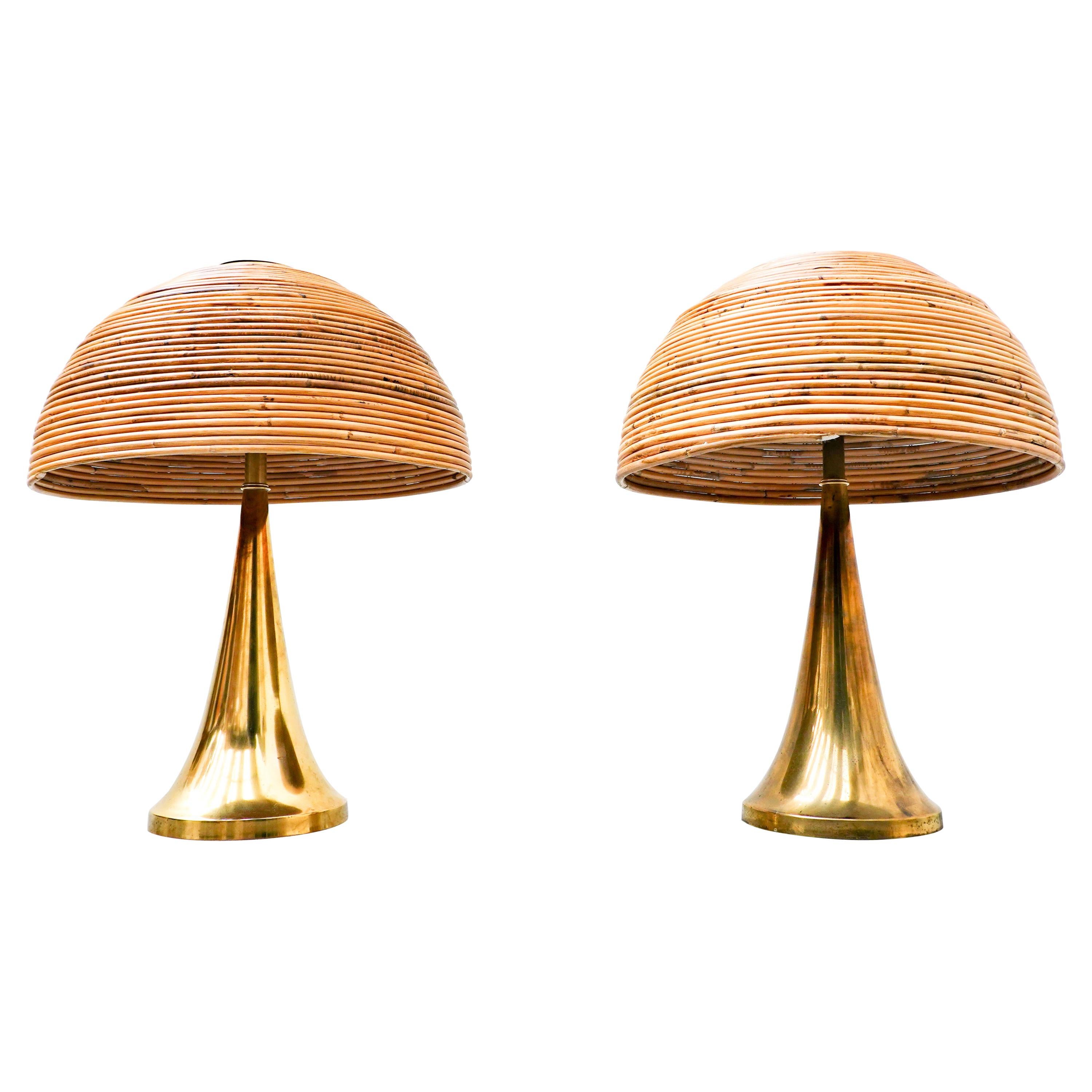 Pair of Modern Italian Brass and Bamboo Table Lamp For Sale