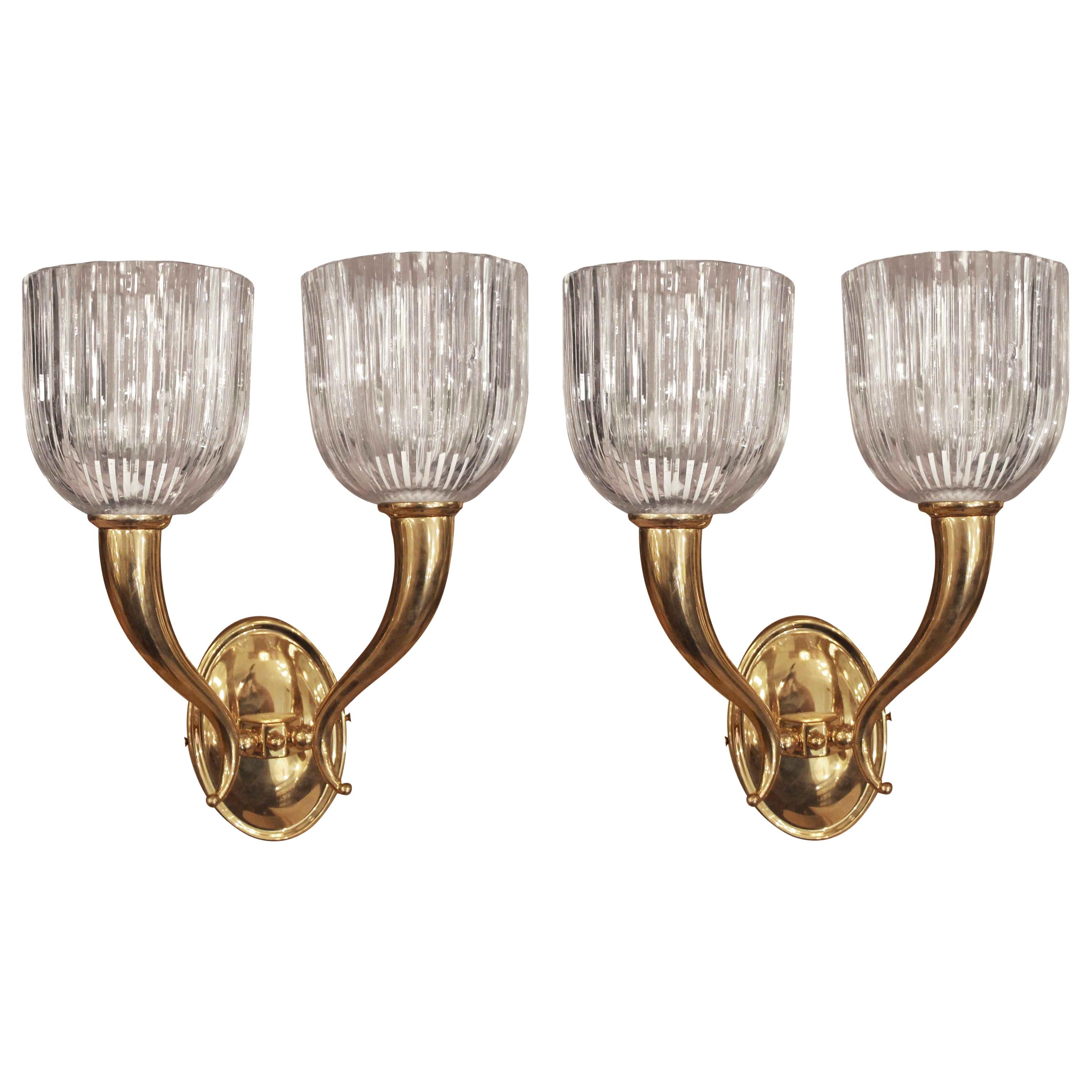 Pair of Modern Italian Brass and Crystal Wall Sconces, 2 Arm, Fluted Shades