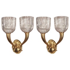 Pair of Modern Italian Brass and Crystal Wall Sconces, 2 Arm, Fluted Shades