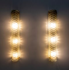 Pair of Modern Italian Brass and Murano Glass Textured Light Green Wall Sconces