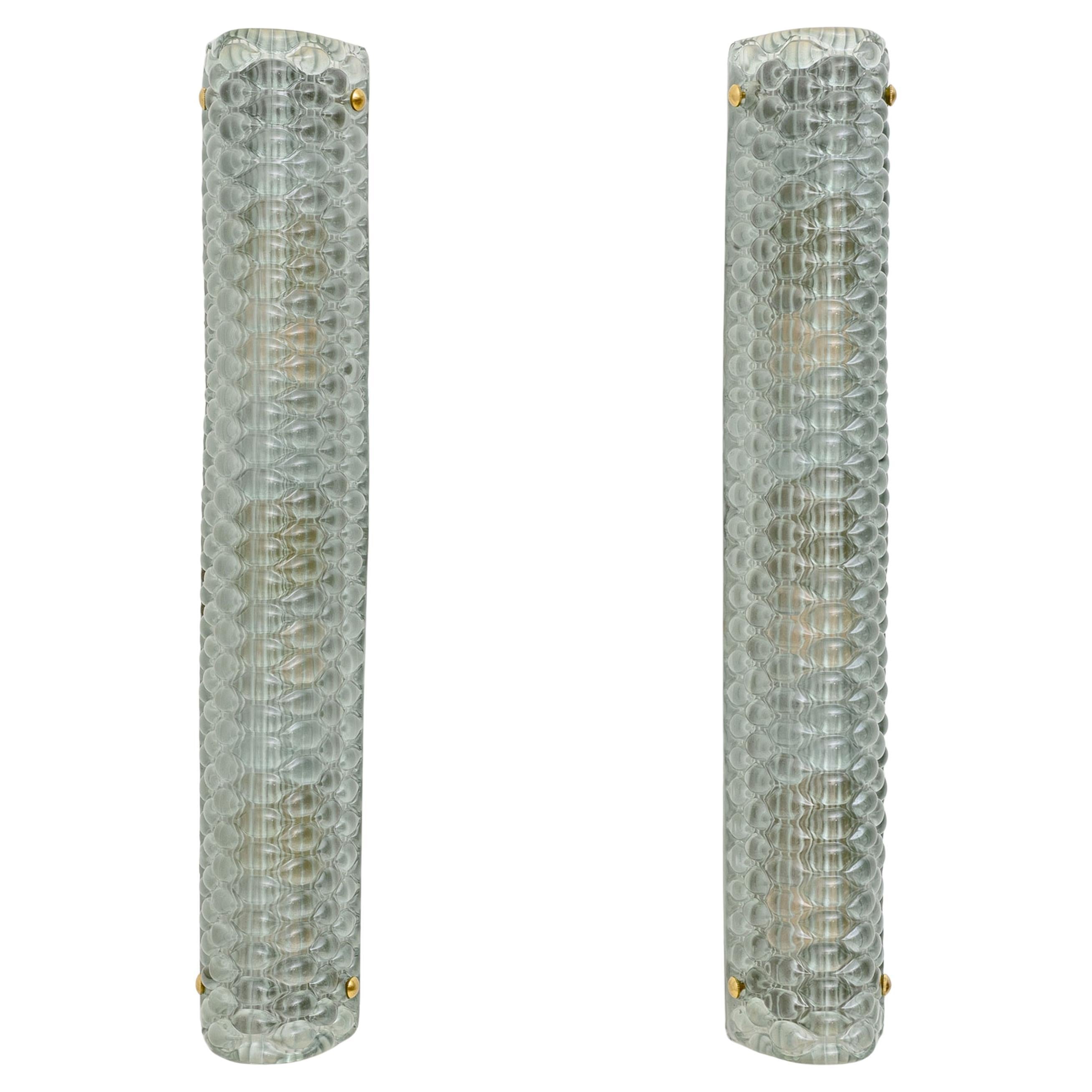 Paire d
appliques murales modernes italiennes en laiton et verre de Murano texturé vert clair