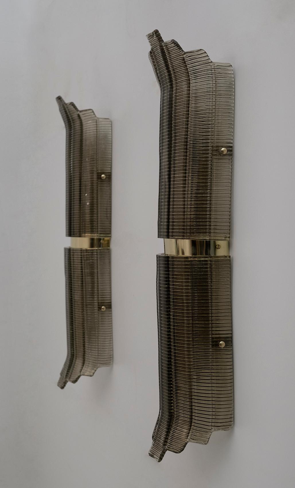 Pair of Modern Italian Brass and Murano Glass Textured Wall Sconces, 80s 3