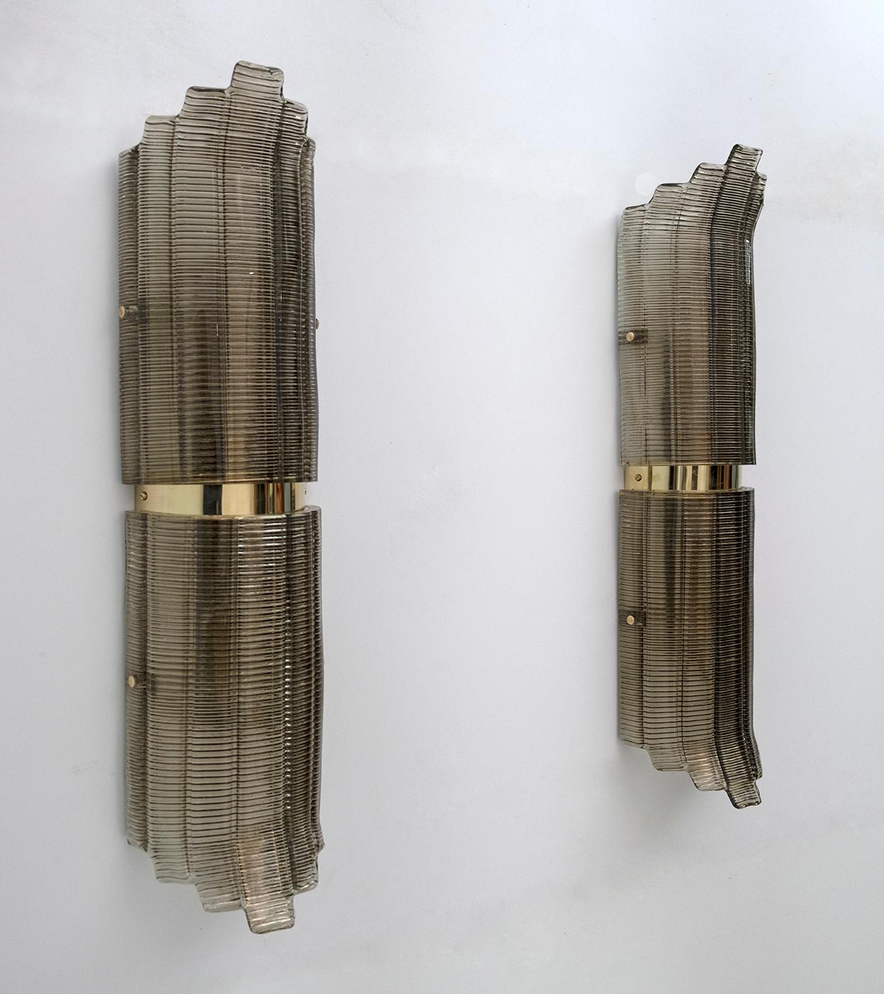Pair of Modern Italian Brass and Murano Glass Textured Wall Sconces, 80s 2