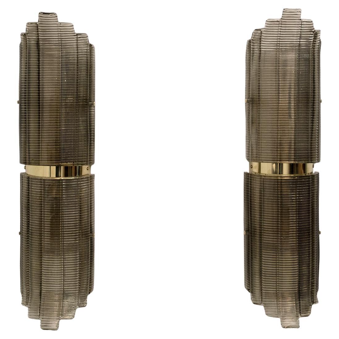 Pair of Modern Italian Brass and Murano Glass Textured Wall Sconces, 80s
